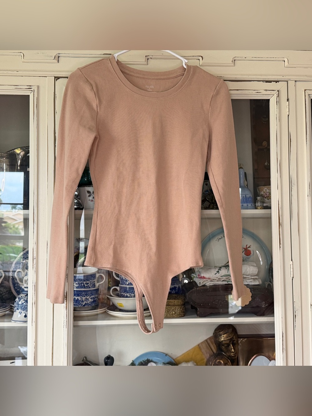 nuuds Blush Pink/beige Long Sleeve Ribbed Bodysuit